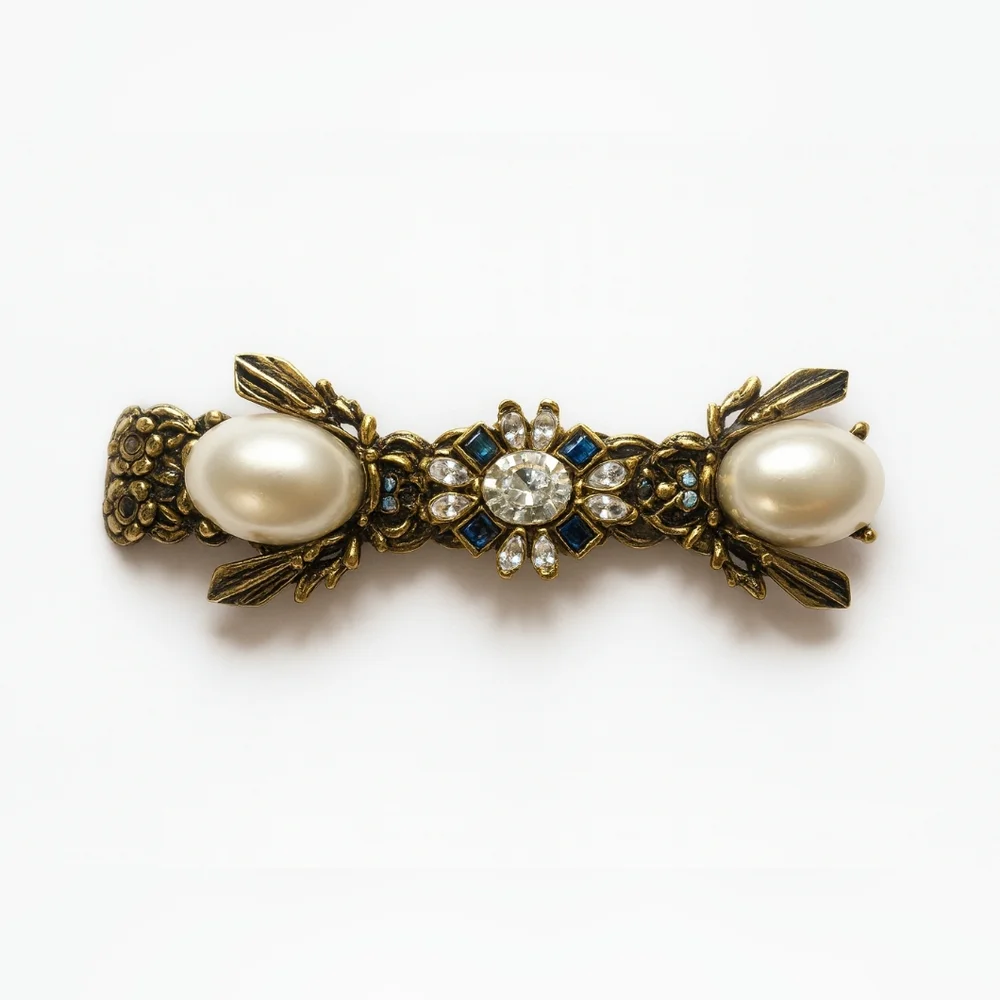Vintage Simulated Pearl &‎ Rhinestone Bar Brooch – 6 Inches Inches